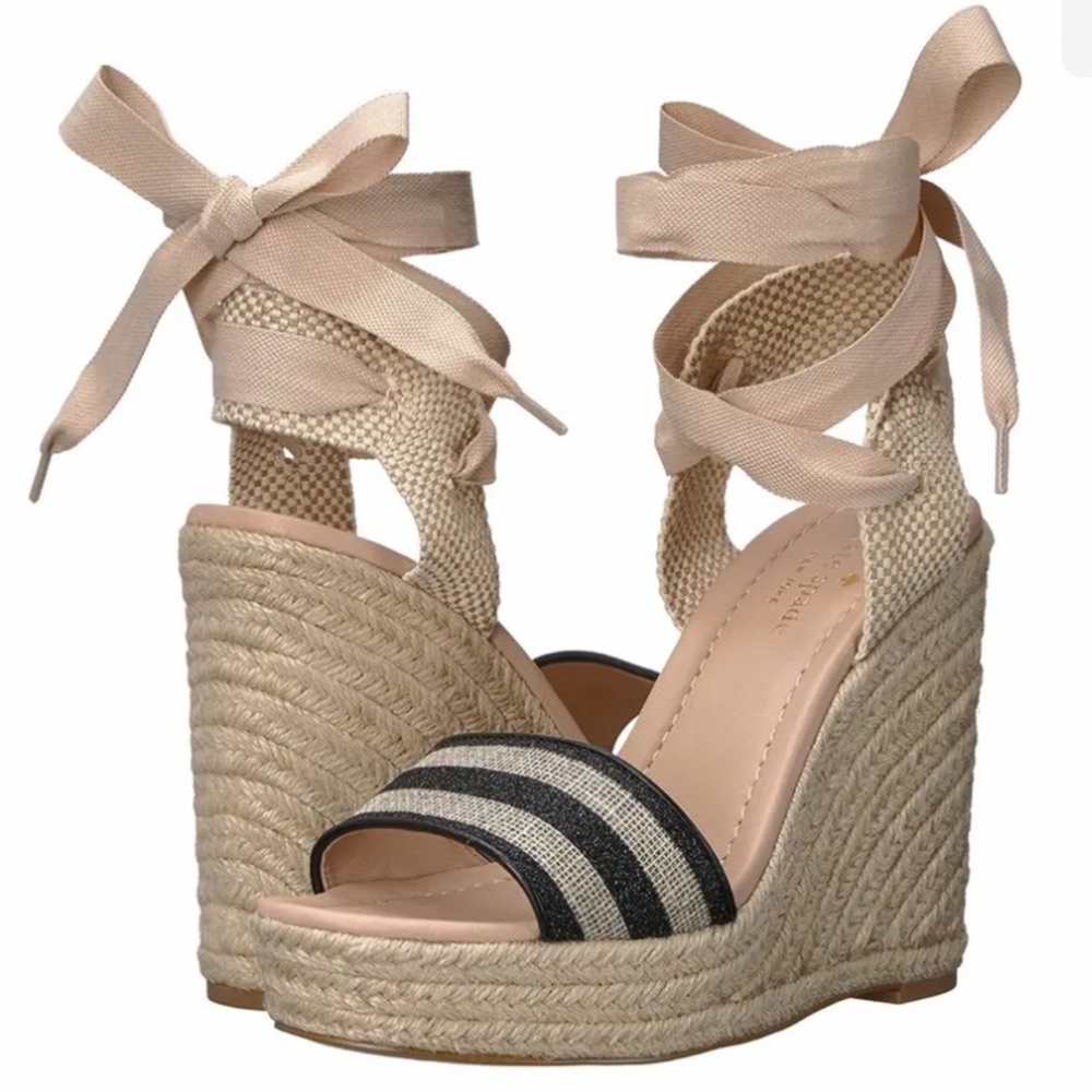 KATE SPADE DELANO BLACK/NATURAL GLITTER STRIPE WRAP ANKLE TIE ESPADRILLES SZ 8
